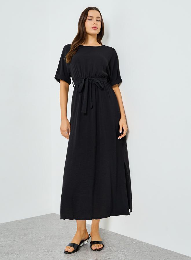 Take Two Black Short Sleeve Wait Tie Midi Dress - Image 2